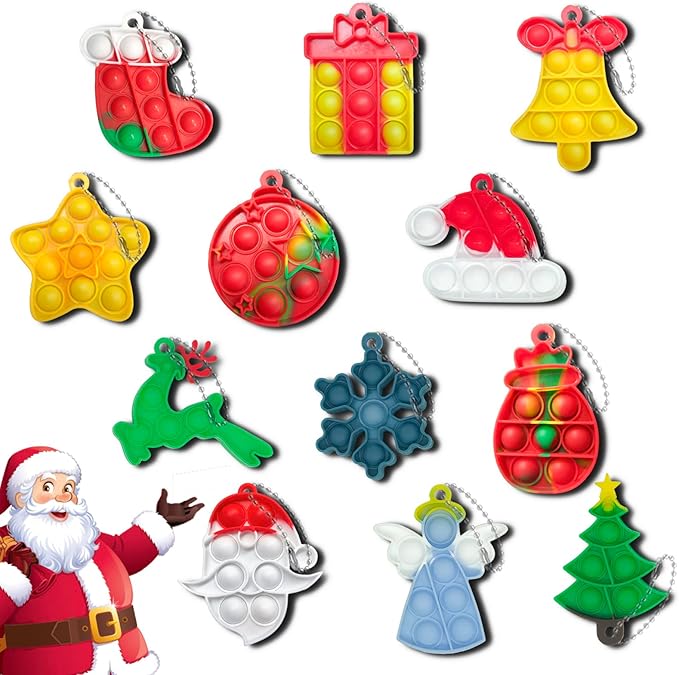 12Pcs Christmas Mini Pop Keychain Fidget Toys, Easter Day Gifts for Kids Mini Pop Bubble Christmas Fidget Toy,Party Favors Silicone Fidget Keychain Relieve Anxiety Stress Fidget Toy