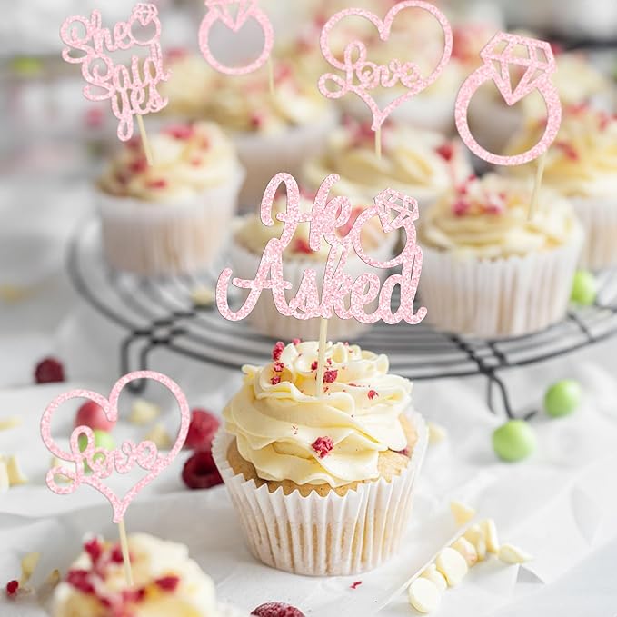 Gyufise 24 Pack He Asked She Said Yes Cupcake Toppers Light Pink Glitter Heart Ring Cupcake Picks Wedding Engagement Bridal Shower Party Cake Decorations Supplies