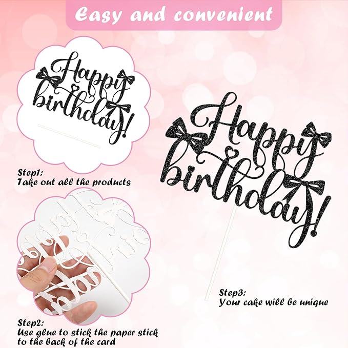 6 PCS Bow Cake Toppers Happy Birthday Cupcake Toppers Black Bows for Cake Coquette Birthday Decorations Party Decor Balloons High Footed Cup Wedding Party Supplies Baby Shower