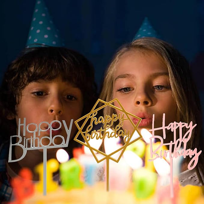 12 Pack Multi Styles Birthday Cake Topper Set, Acrylic Cake Bunting Decor Birthday Cake Picks Party Decorations Supplies(Silver)