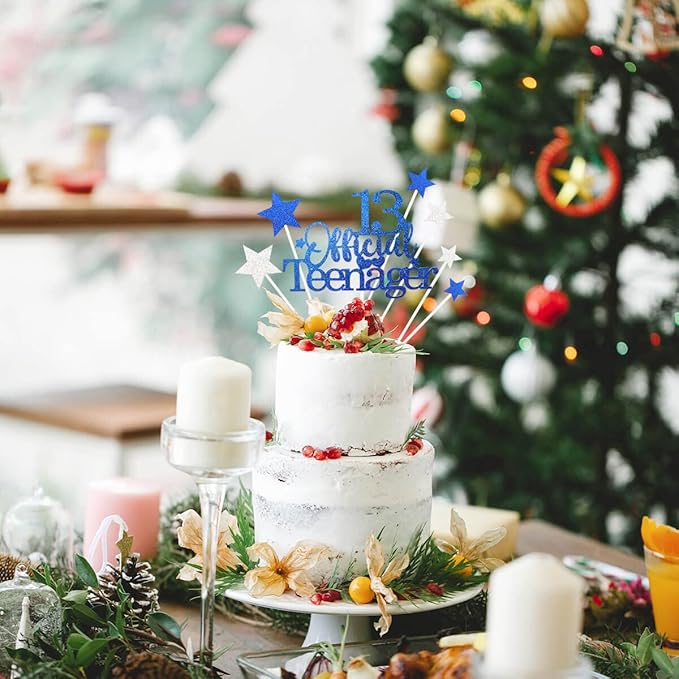 Glittery 13 Ofiicial Teenager Cake Topper with Star Boys and Girls 13th Birthday Party Supplies,Thirteen Years Old Birthday Party Decorations Royal Blue