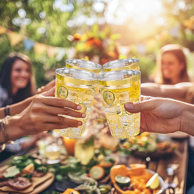 BESTVIP 12oz Gold Plastic Cups, 100 Pack Gold Rimmed Disposable Cups, Heavy-duty Party Cocktail Glasses, Plastic Cups for Party, Holiday, Christmas, Wedding and Birthday