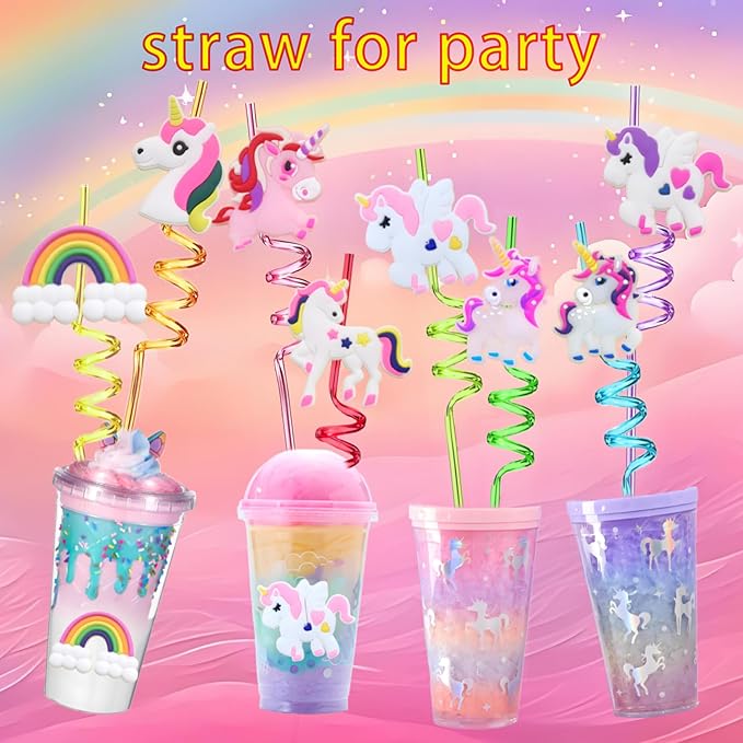 LEDUO 24Pcs Reusable Unicorn Drinking Plastic Straws-Party Supplies-Party Favors Decorations-Rainbow Unicorn Theme Birthday Party Drinking Straw for Kids Girls Boys with 2 Cleaning Brushes