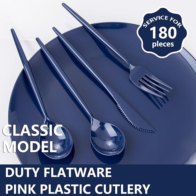 Supernal 180pcs Blue Plastic Silverware Heavy Duty Blue Party Disposable Cutlery Plastic Forks and Spoons Disposable Utensils Include 60 Forks,60 Knvies,60 Spoons for Wedding,Party or Daily Using