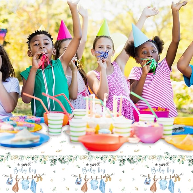 3 Pack Baby Shower Tablecloth Decorations, Baby Shower Decorations, Plastic Tablecloth Table Cover Backdrop for Baby Boy Gender Reveal Party Supplies, 54 x 108 Inch, Blue