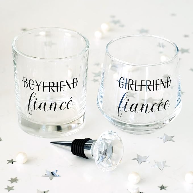 Engagement Gifts for Couples - Unique Fiance Gift for Him or Her! Whiskey Wine Glasses with Diamond Wine Stopper