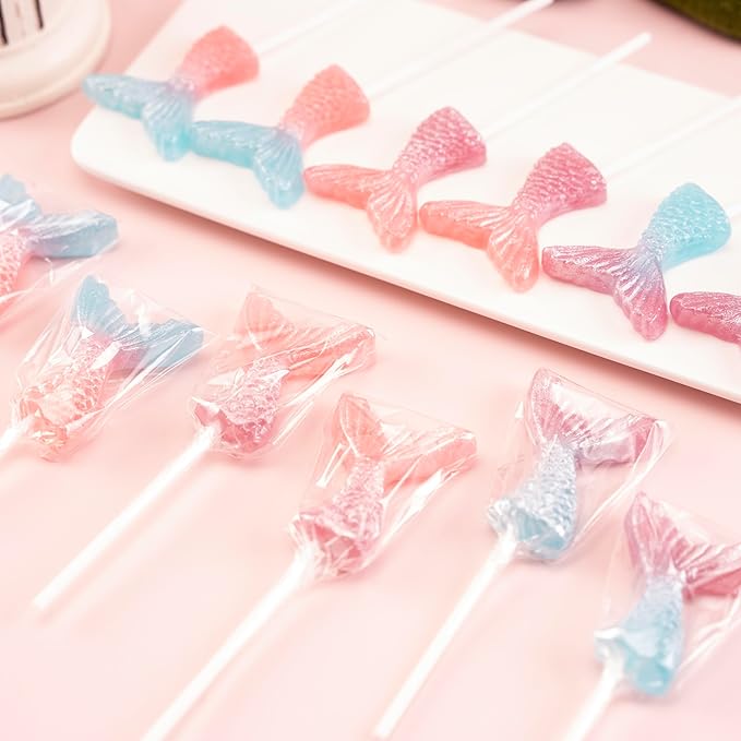 Mermaid Tail Lollipops 24pk, Individually Wrapped Mixed Fruit Flavor Colorful Gradient Candy Bulk, Ideal for Mermaid Themed Parties, Birthdays, Party Favors & Supplies