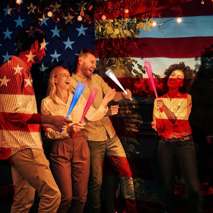 48 PCS Red Blue White Glow Fiber Wands Sticks LED Light Wands 3 Modes Flashing Fiber Optic Light Rod Bulk Fiber Optic Wands for July 4th Party Supplies