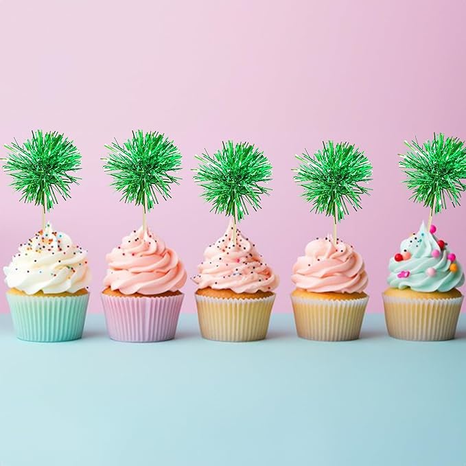 Gyufise 30Pcs Foil Firework Cupcake Toppers Sparkle Tinsel Cake Toppers Tinsel Drink Cake Decoration Cocktail Picks for Birthday Wedding Graduation Party Supplies Dark Green