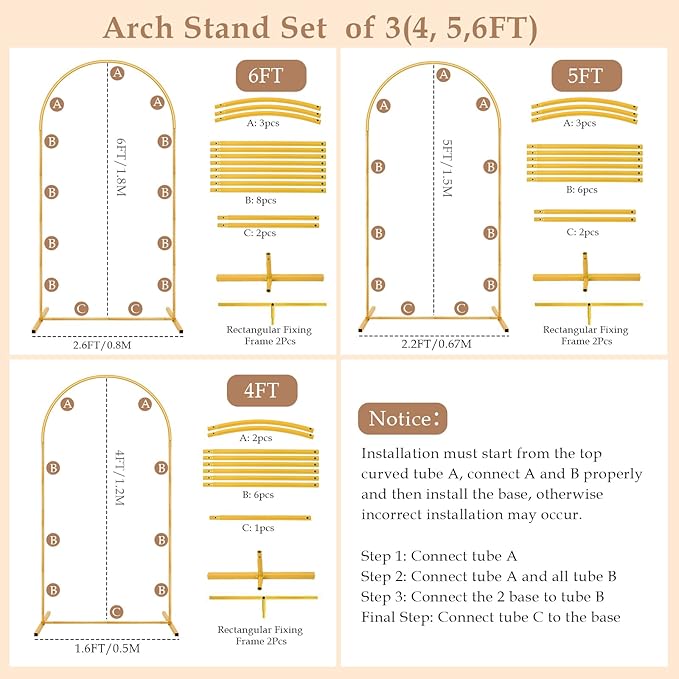 Metal Arch Backdrop Stand Set of 3(6 ft, 5 ft, 4 ft) Party Arch Stands for Wedding, Birthday, Baby Shower, Bridal Shower, Balloon Arched Frame for Garden Decor, Gold Floral Arches, 3 Pieces