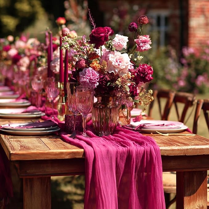 FEXIA Rose Red Table Runner 35x120 Inches for Baby Shower Decoration Gauze Rustic Table Runner for Wedding Party First Communion Centerpiece Engagement Bridal Shower Boho Decoration