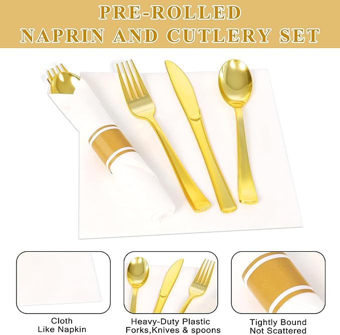 50 Pack Pre Rolled Gold Plastic Silverware Set,Wrapped Plastic Cutlery Set with Napkin Include 50 Forks,50 Spoons,50 Knives and 50 White Napkins for Party,Wedding,Christmas