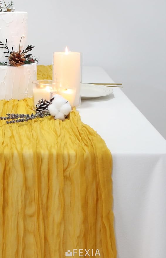 FEXIA 4 Pack Gold Table Runner 35x120 Inches for Summer Decor Baby Shower Decoration Gauze Rustic Table Runner for Wedding Party First Communion Centerpiece Engagement Bridal Shower Boho Decoration