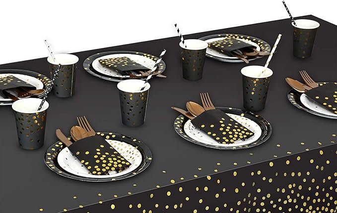 Gexolenu 6 Pack Black and Gold Tablecloth for Rectangle Tables, Plastic Disposable Dot Confetti Party Table Covers for Birthday, Graduation, New Year Party, Anniversary, 54" x 108"
