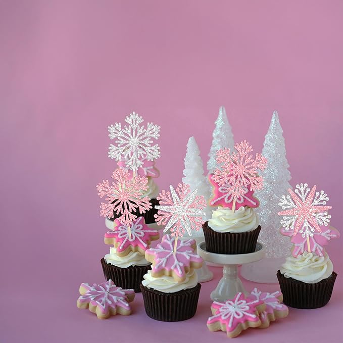 24Pcs Snowflake Cupcake Toppers Winter Frozen Winter Wonderland Cake Pick Decorations for Snowflake Theme Baby Shower Birthday Merry Christmas Party Supplies Pink