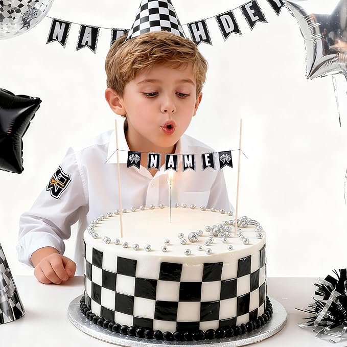 DIY Race Car Cake Topper Kit, Custom Name Checkered Flag Racing Birthday Cake Decoration for Boys & Girls Personalized Party Decorations