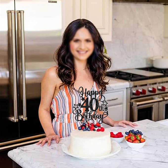 1 PCS Happy 40th Birthday Cake Topper Glitter Cheers to 40 Years Birthday Cake Pick Hello 40 Fabulous Cake Decoration for Happy 40th Birthday Anniversary Party Decorations Supplies Black