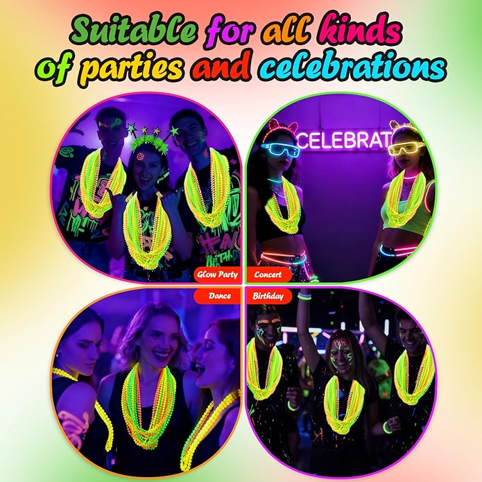 Glow in the Dark Beads Necklaces Glow Party Supplies, 33" Yellow Green Orange UV Black Light Necklaces for Glow Party Favors Night Accessories, Halloween Birthday Party Decorations
