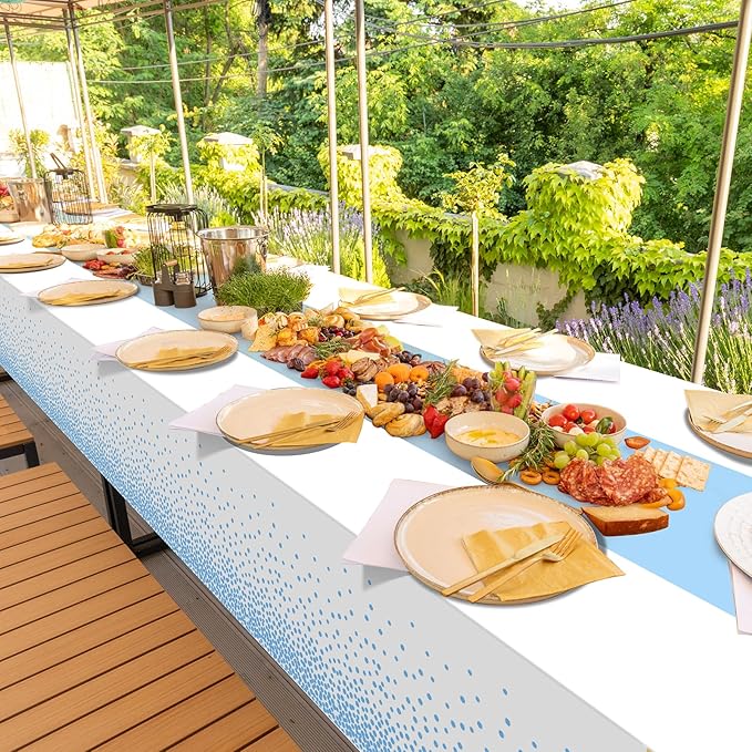 MASHAN 1Pcs White Light Blue Tablecloth Party Decorations,Plastic White Table Cloth Printed Baby Blue Table Runner Disposable Rectangle Cover for Birthday Baby Shower Wedding Party,54 x108 Inch