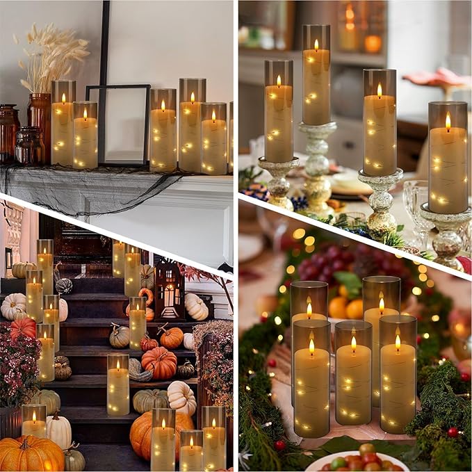24-Pack Gray Flameless Candles with Remote Control, Battery-Powered LED Candles with Embedded Star String Lights & Realistic Flickering Flame. with Timer for Christmas, Home, Wedding, Fireplace Mantle