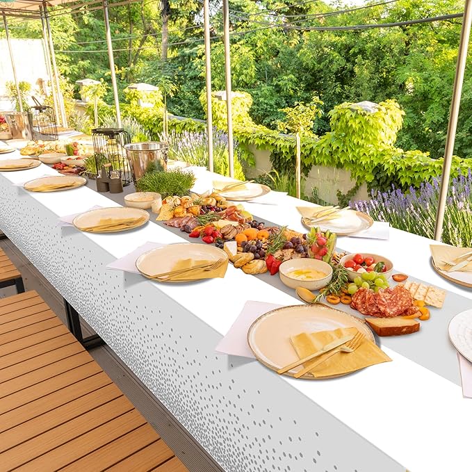 3Pcs White and Silver Tablecloth Party Decorations,Plastic White Table Cloth Printed Silver Runner Disposable Rectangle Table Cover for Birthday Wedding Anniversary Graduation Party,54 x108 Inch