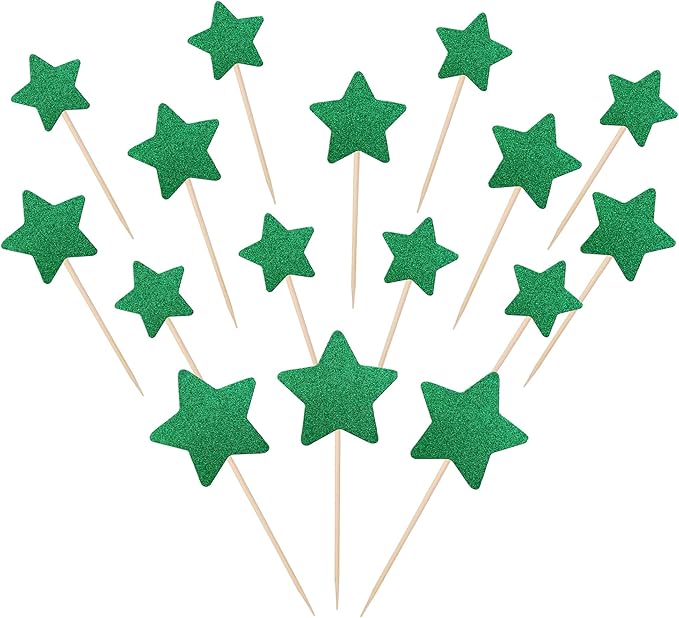 30 PCS Star Cupcake Toppers Glitter Assembled Twinkle Star Cupcake Picks Wedding Engagement Bridal Shower Birthday Party Cake Decorations Supplies Mixed Size Green