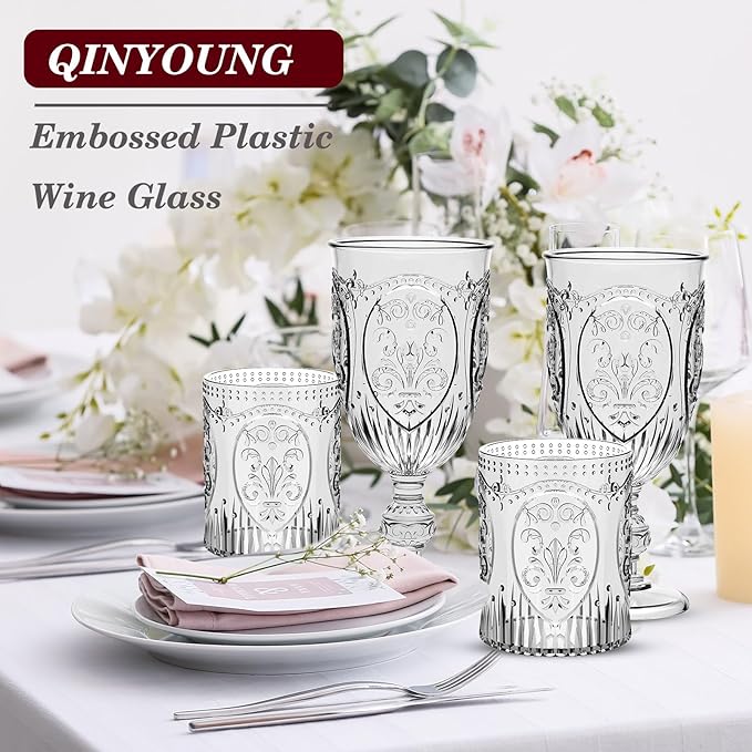 12 Plastic Vintage Drinking Glasses 8.5oz Stemless Retro Embossed Wine Glasses Shatterproof Reusable Cups for Baby Shower Wedding Reception Grand Event Party (Black)