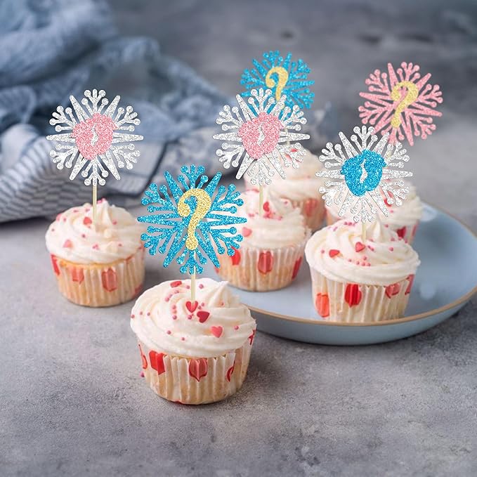 24Pcs Snowflake Gender Reveal Cupcake Toppers Glitter Boy or Girl Cupcake Pick decorations for Snowflake Winter Frozen Baby Shower Birthday Party Supplies Pink Blue