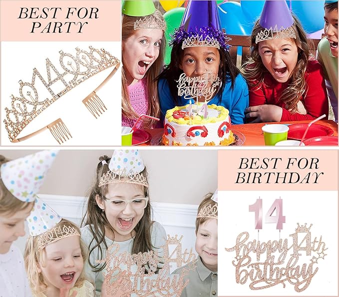 14th Birthday Decorations for Girls, 14th Birthday Sash and Crown, Cake Topper, Number Candles and Balloons, 14 Year Old Gifts for Girls
