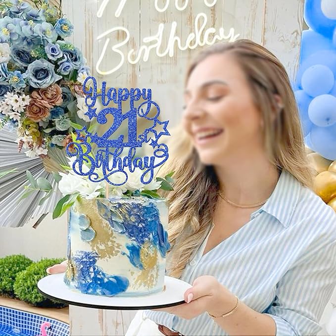 1 PCS Happy 21st Birthday Cake Topper Glitter Cheers to 21 Years Birthday Cake Pick Hello 21 Fabulous Cake Decoration for Happy 21st Birthday Anniversary Party Decorations Supplies Blue