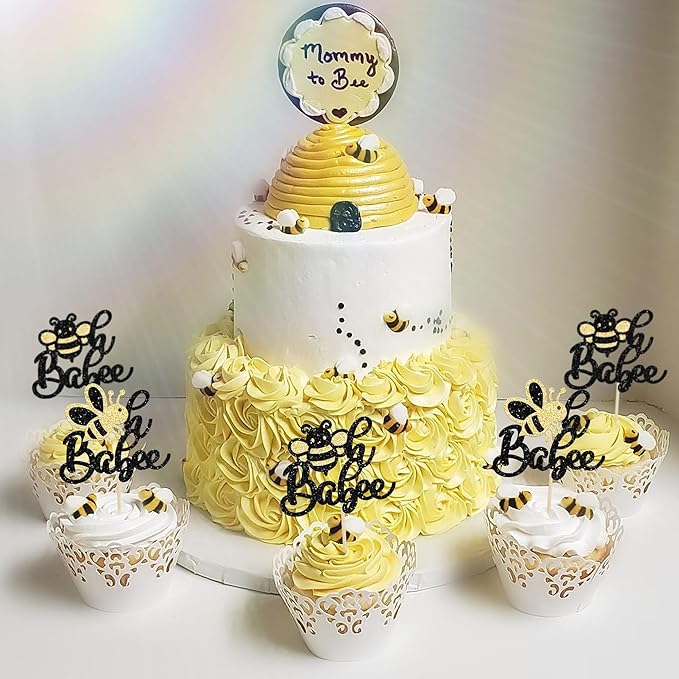 24Pcs Bumble Bee Cupcake Toppers Glitter Oh Babee Cupcake Picks Decorations for Bee Theme Baby Shower Kids Birthday Party Decorations Supplies Black