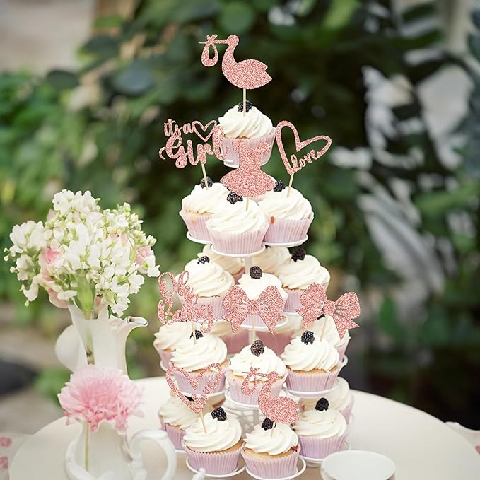 Gyufise 36 Pack Oh Baby Cupcake Toppers It's a Girl Cupcake Toppers with Bow Dress Love Heart Rose Gold Glitter Cake Picks Decorations for Baby Shower Girl Birthday Party Supplies