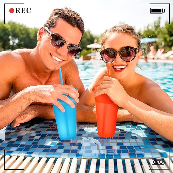 Honeydak 30 Pack Tumbler with Straw and Lid Bulk Cups for Gifts Glitter Plastic Coffee Cups 24-27 oz Reusable Water Bottle Iced Coffee Travel Mug Party Favors for Birthdays Travel (Elegant Color)