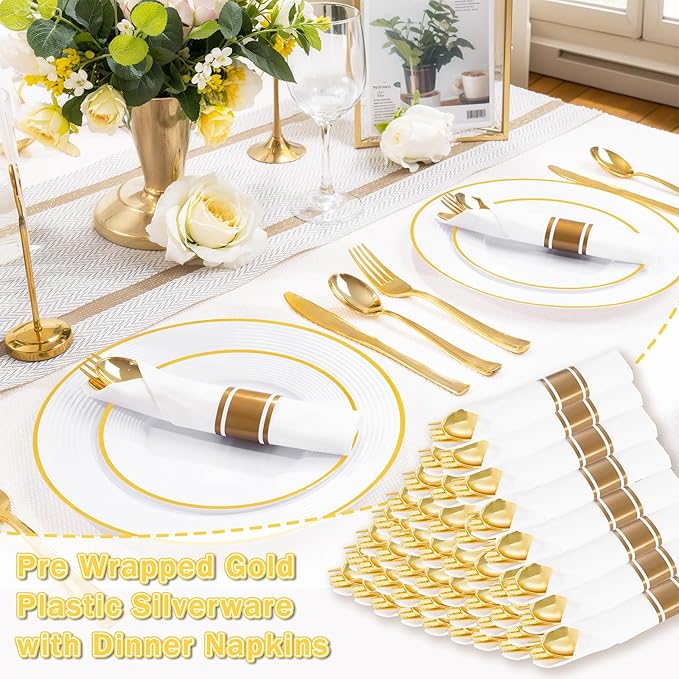 Liacere 100Pack Pre Rolled Gold Silverware and Napkin-Disposable Gold Plastic Utensils-Wrapped Plastic Cutlery Set with Napkin:100 Forks,100 Knives,100 Spoons,100 Napkins for Christmas&New Year