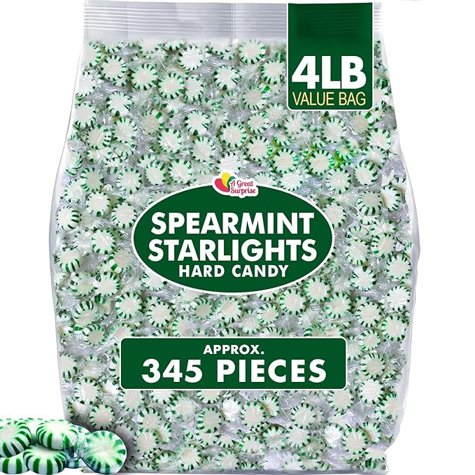 A Great Surprise Christmas Spearmint Starlight Mints – 4 lb Bulk Bag – Individually Wrapped Green & White Hard Candies for Holiday Parties, Offices, Candy Bowls & Winter Celebrations