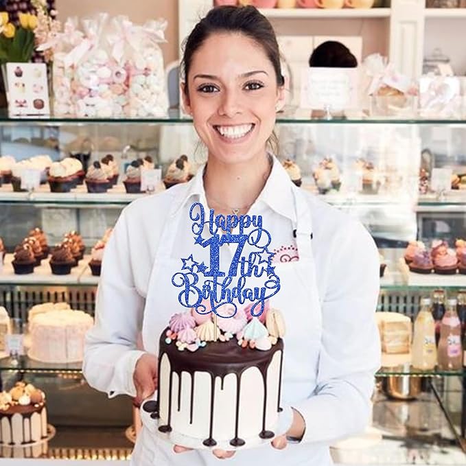 1 PCS Happy 17th Birthday Cake Topper Glitter Cheers to 17 Years Birthday Cake Pick Hello 17 Fabulous Cake Decoration for Happy 17th Birthday Anniversary Party Decorations Supplies Blue