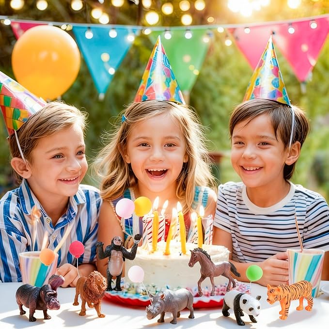 46 PCS Jungle Animal Birthday Party Decorations, Safari Animal Toys Figures Kit with 15 SafariAnimal Figurines, 15 Mini Hats & 15 Balloons, 1 Cake Toppers for Birthday Party Supplies