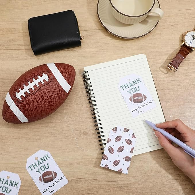 50Pcs Football Thank You Tags, Rugby Birthday Party Favor Thank You Sport Themed Party Hang Tags for Gifts Wrapping Craft Birthday Decorations