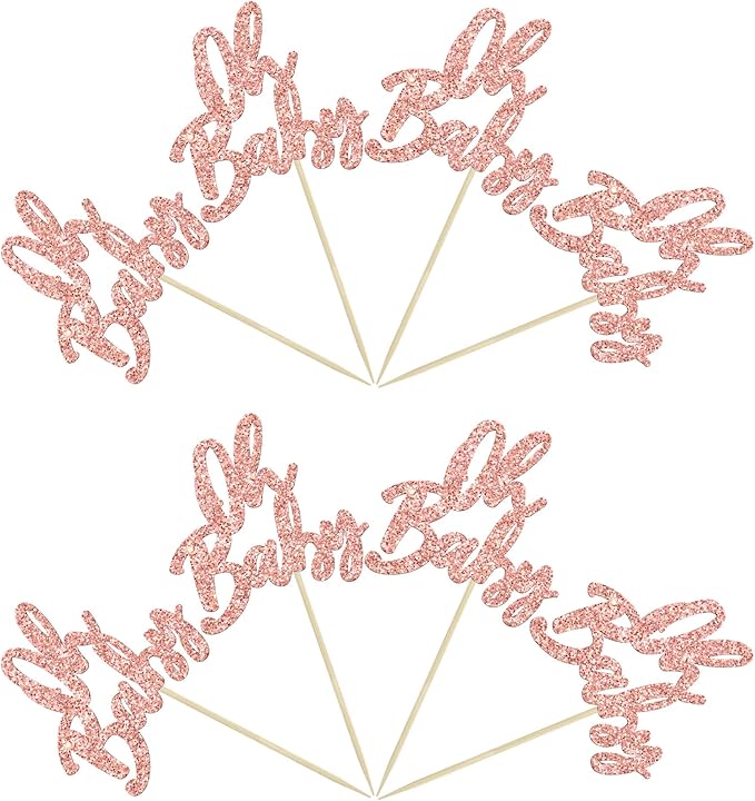 24Pcs Oh Baby Cupcake Toppers Glitter Baby Shower Cupcake Picks for Gender Reveal Baby Shower Kids Boys Girls Birthday Party Cake Decorations Supplies Rose Gold