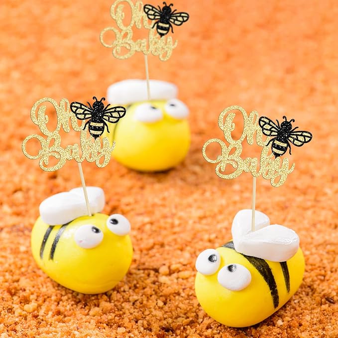 Ephlyn 24Pcs Bumble Bee Cake Toppers, Gold Glitter Cupcake Picks for Birthday, Baby Shower, Kids Party Decorations