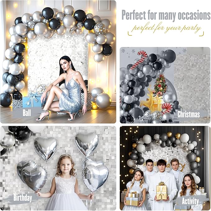 Shimmer Wall Sequin Backdrop, 48pcs Square Shimmer Wall Sequin Backdrop, DIY Party Shiny Decor for Wedding, Birthday, Anniversary, Graduation, Holiday&Home Background Supplies (Silver)