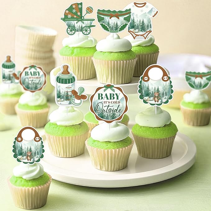 Baby Its Cold Outside Baby Shower Decorations, Winter Forest Cake Topper & 24 Cupcake Toppers, Woodland Green Party Supplies (Pack of 25)