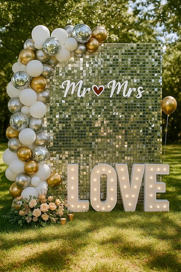 Shimmer Wall Sequin Backdrop, 24pcs Square Shimmer Wall Sequin Backdrop, DIY Party Shiny Decor for Wedding, Birthday, Anniversary, Graduation, Holiday&Home Background Supplies (Sliver Gold)