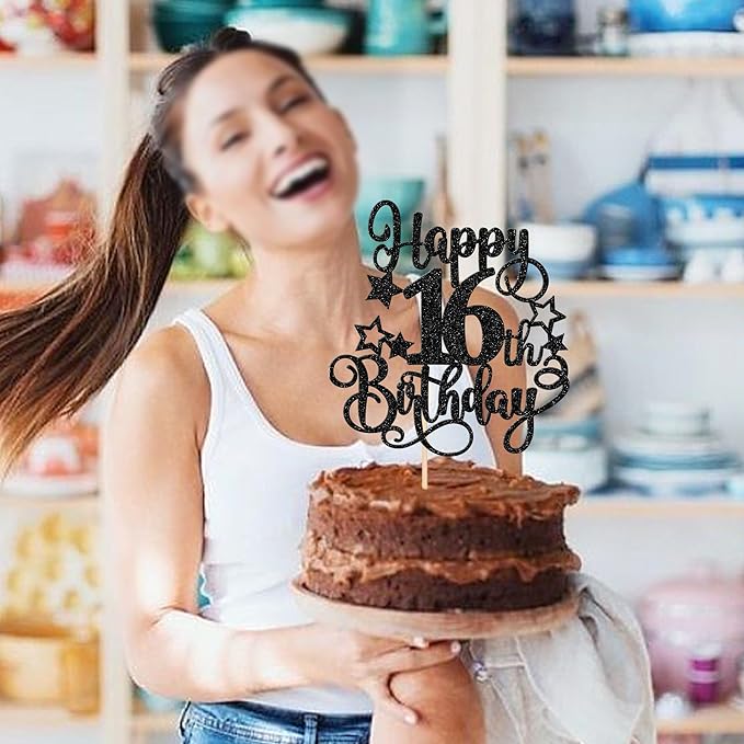 1 PCS Happy 16th Birthday Cake Topper Glitter Cheers to 16 Years Birthday Cake Pick Hello 16 Fabulous Cake Decoration for Happy 16th Birthday Anniversary Party Decorations Supplies Black