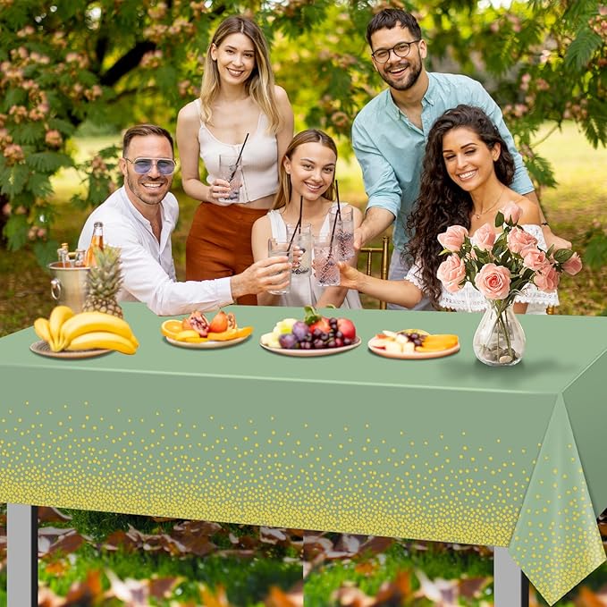 FunnyPars 1 Pack Sage Green and Gold Plastic Tablecloth, Green Disposable Table Cloth for Rectangle Tables, Gold Dot Light Green Tablecloth for Baby Shower Birthday Wedding Party Decorations, 54"x108"