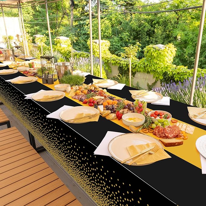 1Pcs Black and Gold Tablecloth Party Decorations,Plastic Black Table Cloth Printed Gold Table Runner Disposable Rectangle Tables Cover for Birthday Retirement Anniversary Graduation Party,54 x108 Inch