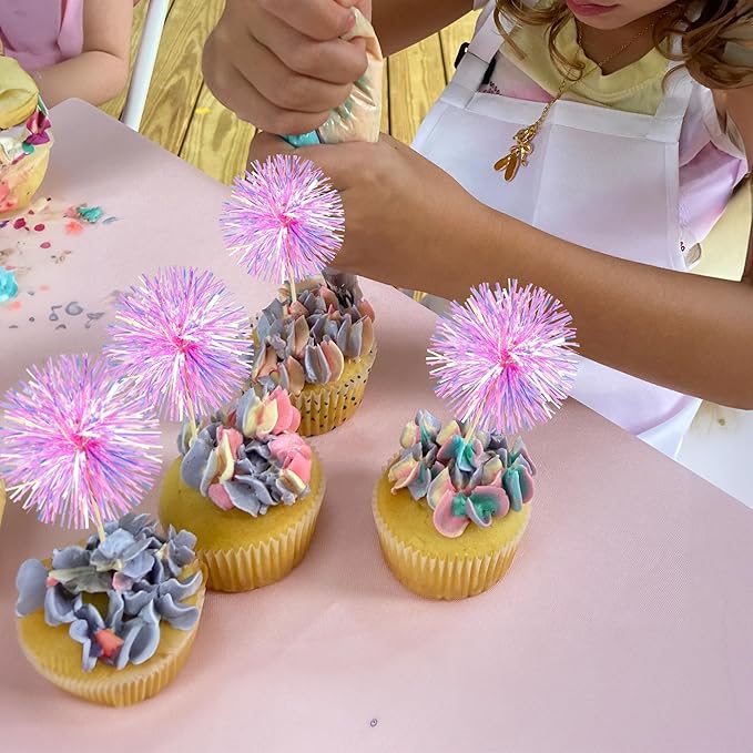Ephlyn 30Pcs Foil Firework Cupcake Toppers Party Birthday Cake Toppers Supplies Sparkle Tinsel Cocktail Fruit Toothpick for Birthday Wedding Graduation Party Rose Red