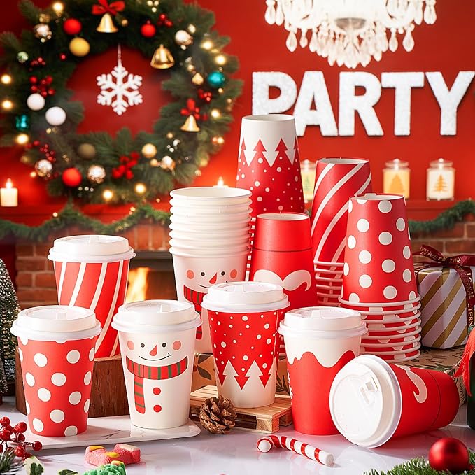 Yungyan 60 Sets Christmas Disposable Coffee Cups with Lids 12 oz Snowman Paper Cups Xmas Hot Cocoa To-go Coffee Mug for Hot Cold Drinks Chocolate Tea Beverage Christmas Party Supplies