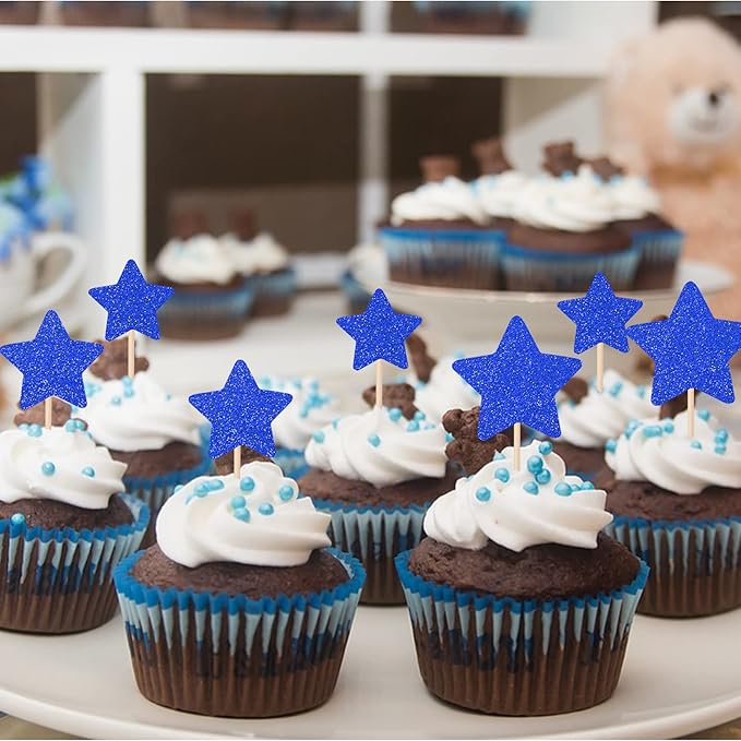 30 PCS Little Star Cupcake Toppers Glitter Twinkle Star Cupcake Picks Wedding Engagement Bridal Shower Baby Shower Birthday Party Cake Decorations Supplies Mixed Size Deep Blue