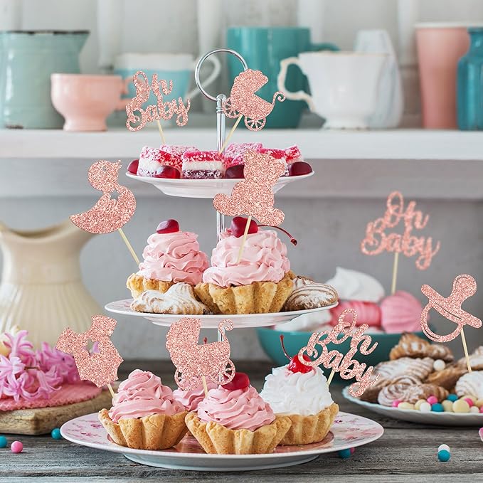 Gyufise 36Pcs Baby Shower Cupcake Toppers Glitter Pacifier Baby Carriage Bear Oh Baby Cupcake Picks for Gender Reveal Baby Shower Kids Birthday Party Supplies Rose Gold